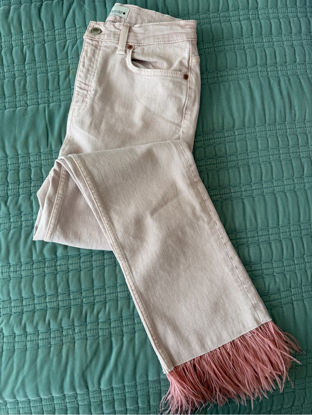 Zara Blush Feather-Hem Wide Leg Jeans
